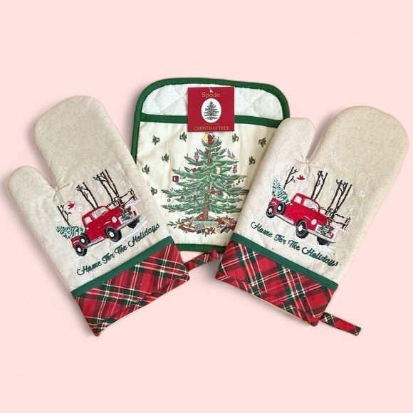 Spode Christmas Tree Oven Mitts Towels Bundle NEW - Picture 3 of 5
